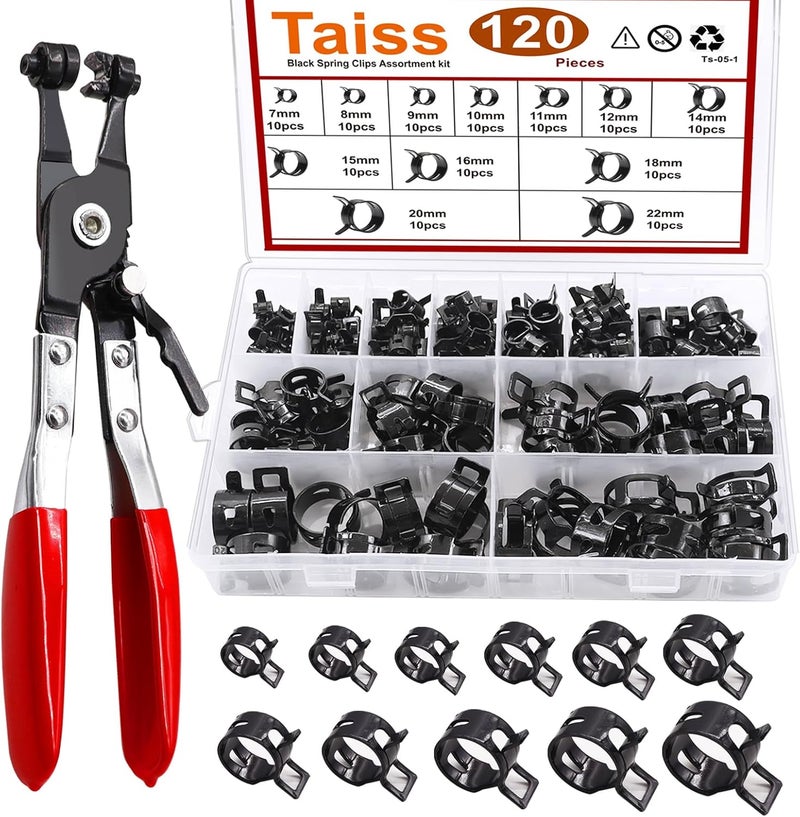 Taiss 120PCS 7-22mm Black Spring Band Hose Clamps with Swivel Flat Hose Clamp Plier Assortment Kits.Low Pressure Air Clip Strap Clamp for Hose Fuel Silicone Vacuum Hose Clamp - Image 1